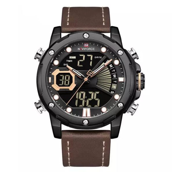 Naviforce mens watch NF9172 brown Leather strap Millitary sport analog/digital