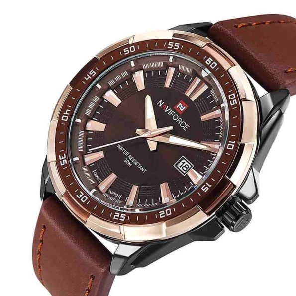 Naviforce mens watch NF9056 brown leather strap casual sport