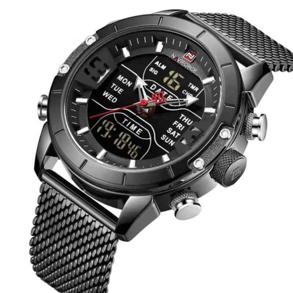 Naviforce Mens Watch NF9153S black stainless steel digital sports