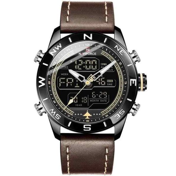 Naviforce Mens Watch NF9144 brown leather strap dual time