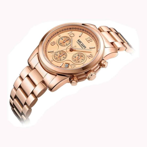 MEGIR 2057 Rose Gold Ladies Chronograph Stainless Steel Wristwatch