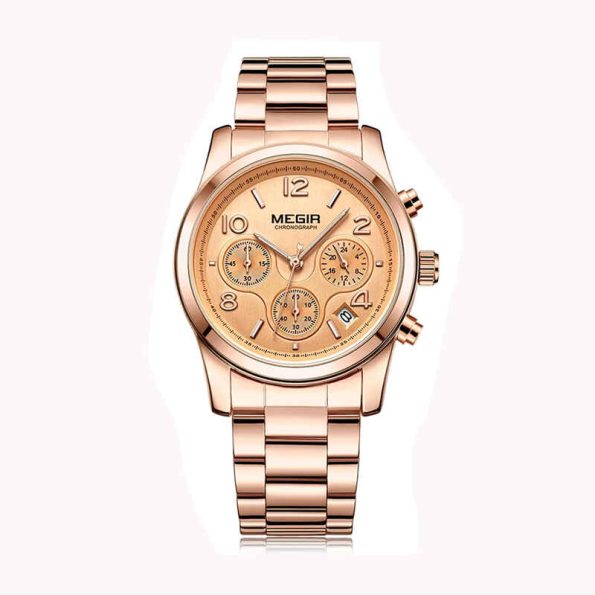 MEGIR 2057 Rose Gold Ladies Chronograph Stainless Steel Wristwatch