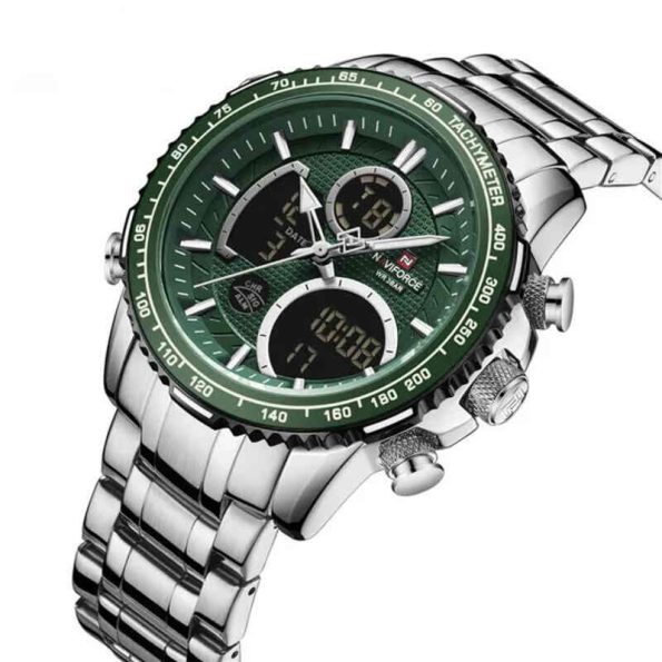 Naviforce Mens Watch NF9201 silver stainless steel dual time Silver Green