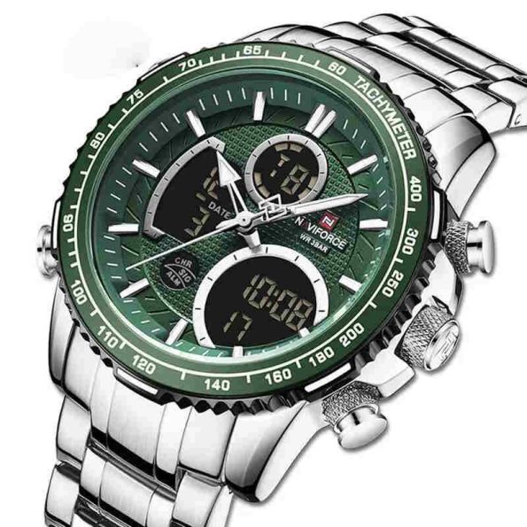 Naviforce Mens Watch NF9201 silver stainless steel dual time Silver Green - Image 2