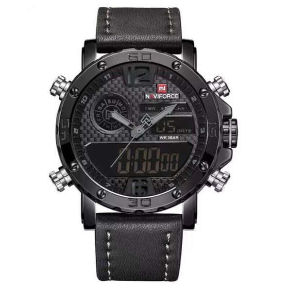 Naviforce Mens Watch NF9134 black leather band Millitary sport