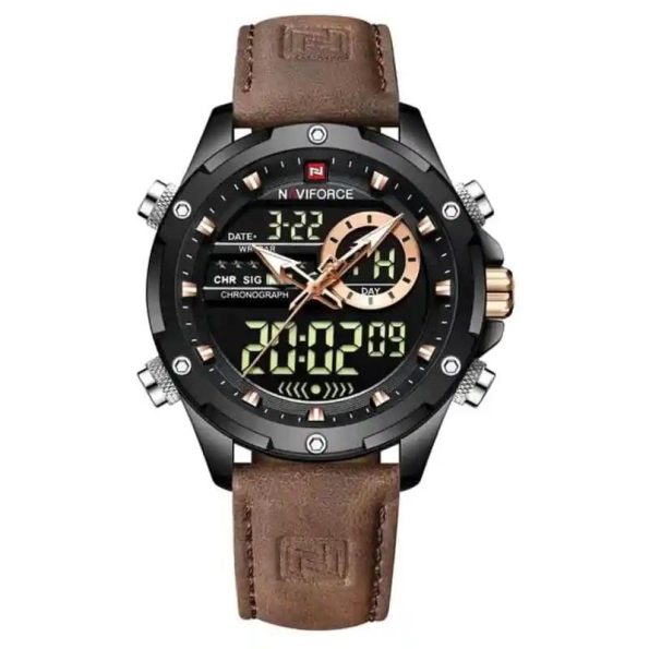 Naviforce mens watch NF9208 brown strap leather fashion Analog/Digital