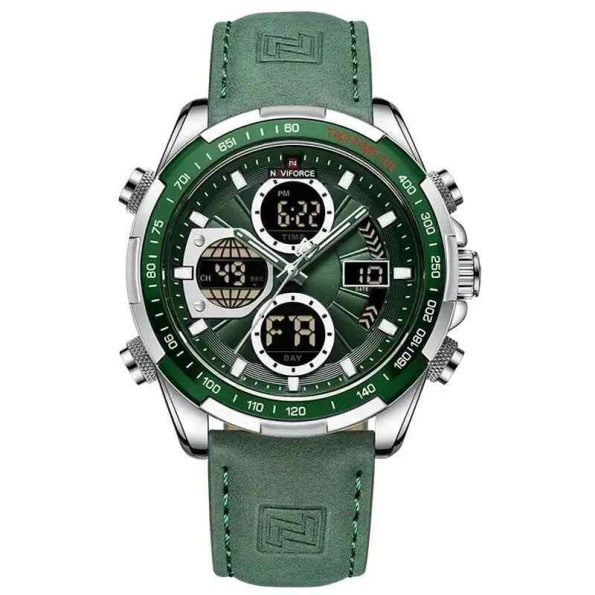 Naviforce Mens Watch NF9197 Green Leather Strap Millitary Sport