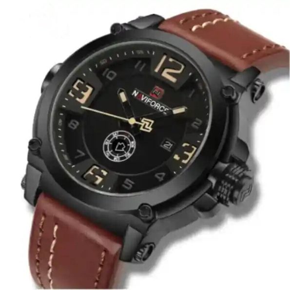 Naviforce Mens Watch NF9099 Dark Brown Leather Strap Dual Display