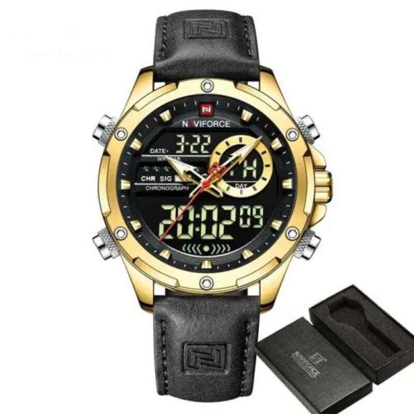 Naviforce mens watch NF9208 black strap leather fashion Analog/Digital