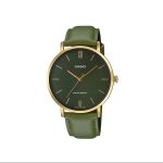 Casio MTP-VT01GL-3B Men’s Minimalistic Gold Tone Green Leather Band Green Dial 3-Hand Analog Watch