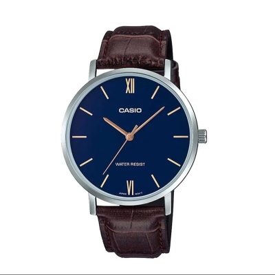 Casio MTP-VT01L-2B Men's Minimalistic Blue Dial Brown Leather Band Analog Watch
