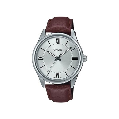 Casio MTP-V005L-7B5 Men's Standard Analog Brown Leather Band Roman Silver Dial Watch