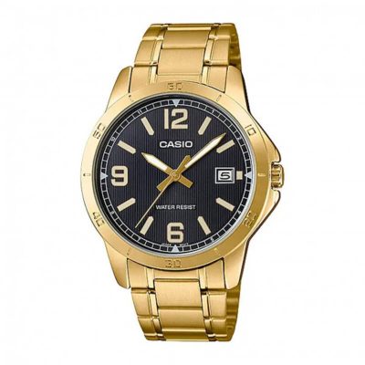 Casio MTP-V004G-1BUDF gold-tone stainless steel analog watch with black dial.