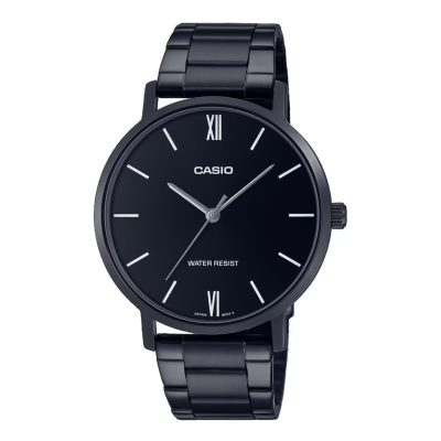 Analog wristwatch with black dial, luminous hands, stainless steel case, and black resin band by Casio.