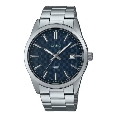 Casio MTP-VD03D-2AVDF stainless steel analog watch with blue dial.