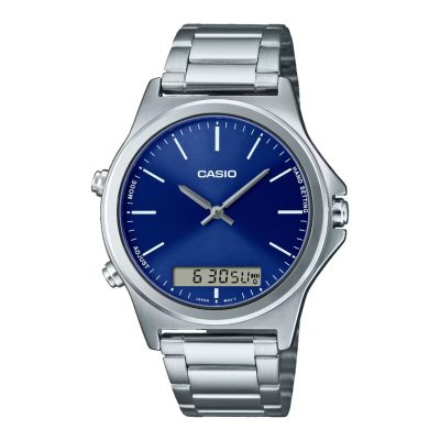 Casio MTP-V006D-1BUDF stainless steel analog watch with black dial and luminous hands.