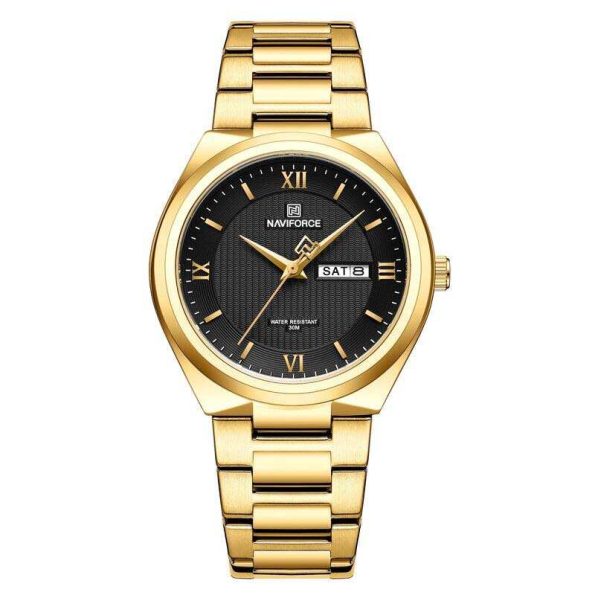 Elegant Naviforce NF8030 watch with a gold strap and a stylish face.