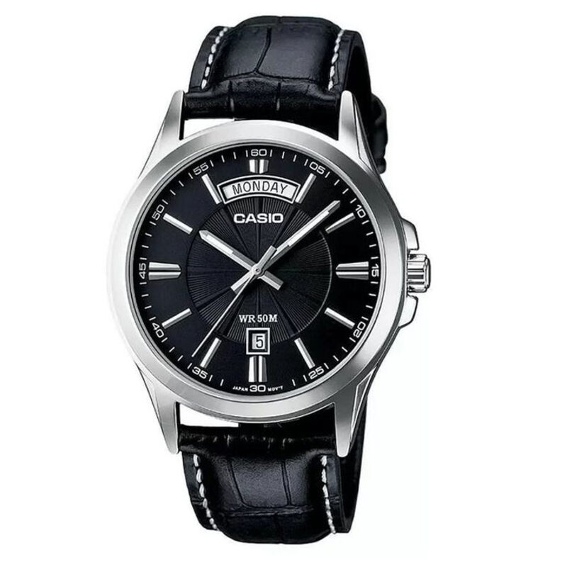 Casio MTP-1381L-1A Black Analog Black Leather Big Day Display