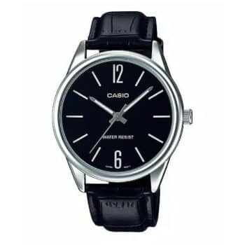 Casio MTP-V005L-1BUDF analog watch with leather band and black dial.