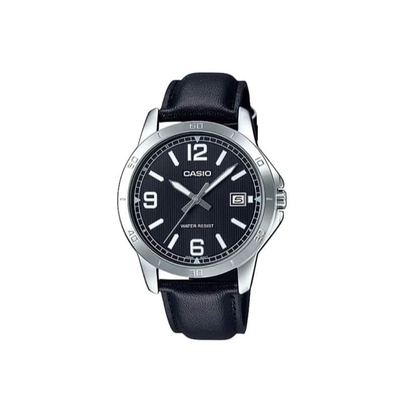 Casio MTP-V004L-1B Men's Black Leather Band Black Dial Date Watch