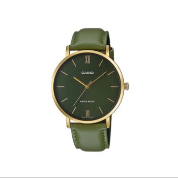 Casio MTP-VT01GL-3B Men's Minimalistic Gold Tone Green Leather Band Green Dial 3-Hand Analog Watch