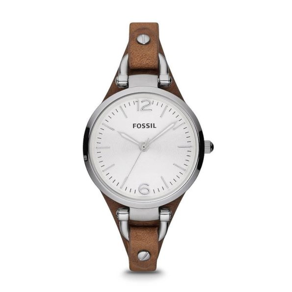 Fossil ES3060 – Women's Aesthetic Watch with Silver Dial and Brown Leather Strap