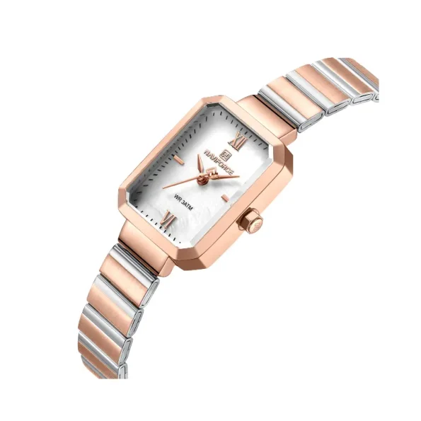 Naviforce NF5050 Women's Elegant Square Quartz Watch with Stainless Steel Strap, Scratch-Resistant Glass, and 3ATM Water Resistance.