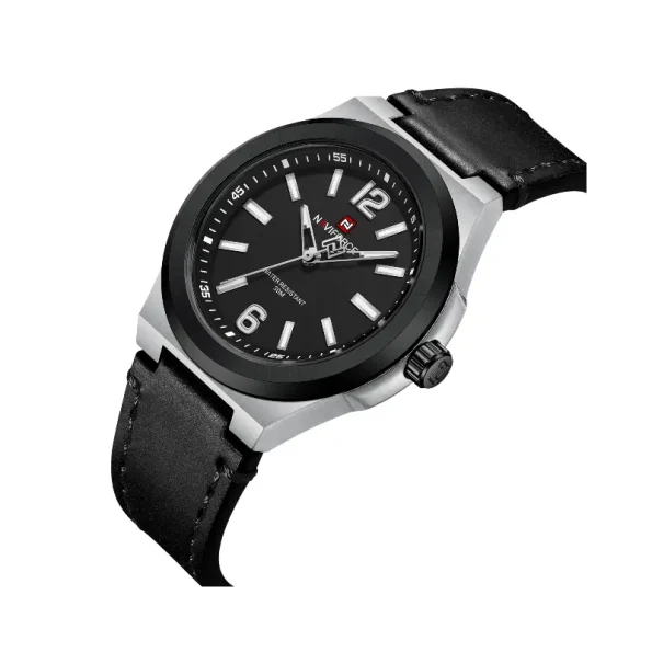 A stylish Naviforce NF9233 men’s wristwatch with a round dial, stainless steel case, and multifunction display, combining elegance with durability.