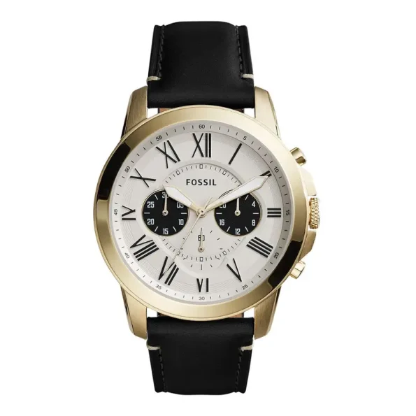 Fossil FS5272 Men's Grant Chronograph Watch with Off-White Dial and Black Leather Strap.