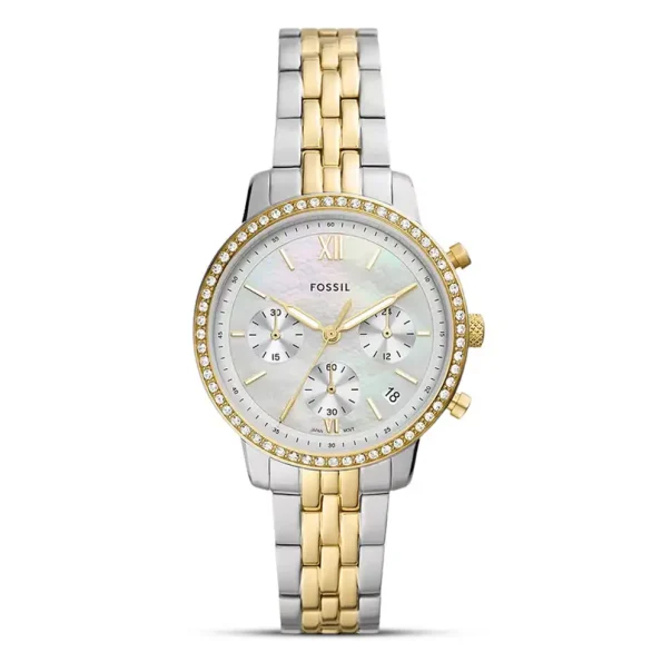 Fossil ES5216 Women's Neutra Chronograph Watch with Two-Tone Stainless Steel Case and Bracelet.