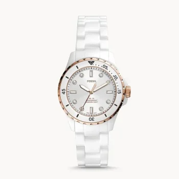 Fossil CE1107 Women's White Ceramic Watch with Rose Gold-Tone Accents.