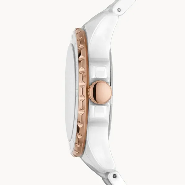 Fossil CE1107 Women's White Ceramic Watch with Rose Gold-Tone Accents.