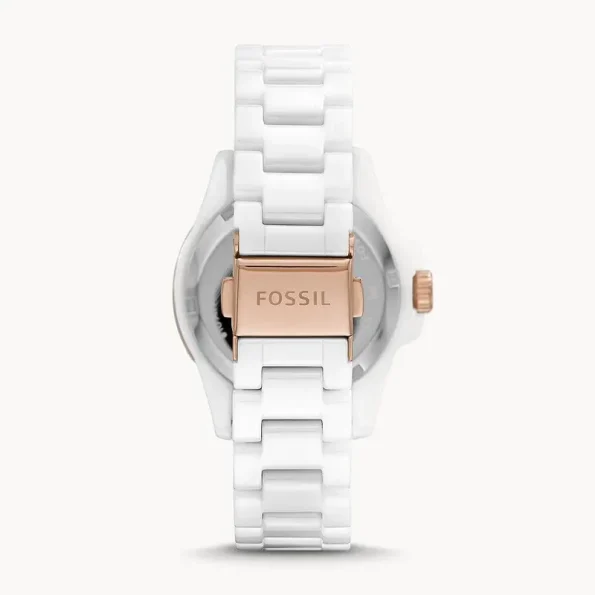 Fossil CE1107 Women's White Ceramic Watch with Rose Gold-Tone Accents.