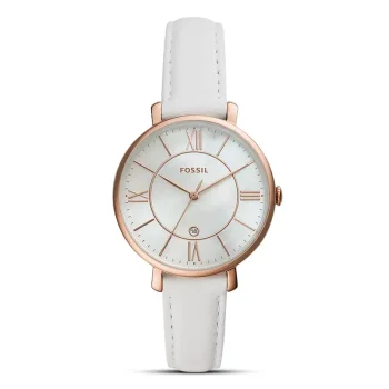 Fossil ES4579 Women's Analog Watch with Rose Gold-Tone Stainless Steel Case and White Leather Strap.