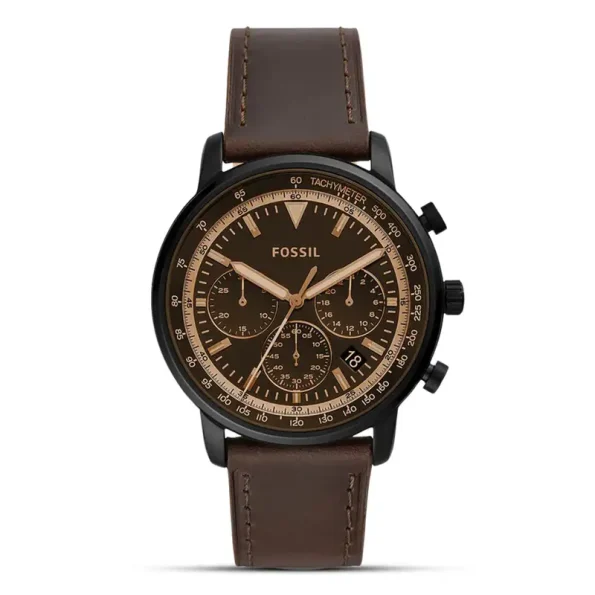 Fossil FS5529 Men's Goodwin Chronograph Watch with Black Dial and Brown Leather Strap.