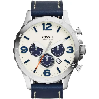 Fossil JR1480 Men's Nate Chronograph Watch with Stainless Steel Case and Navy Blue Leather Strap.