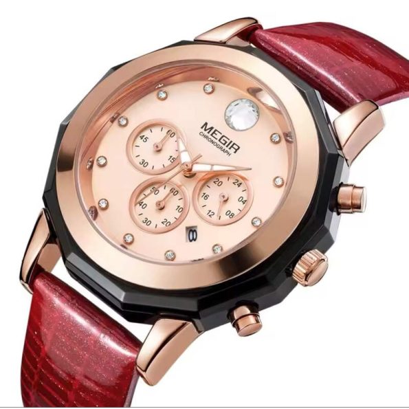 MEGIR 2042 Women's Fashion Quartz Watch with Genuine Leather Strap, Chronograph Function, and Luminous Hands.