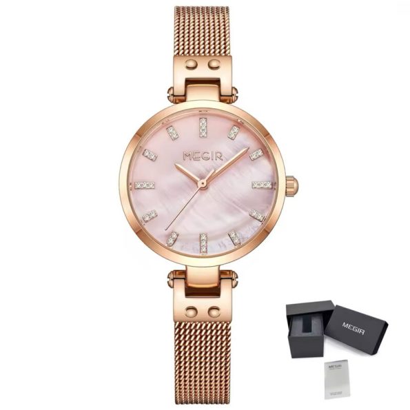 MEGIR 7026 Women's Quartz Watch with Stainless Steel Mesh Band and Spark Pattern Dial.