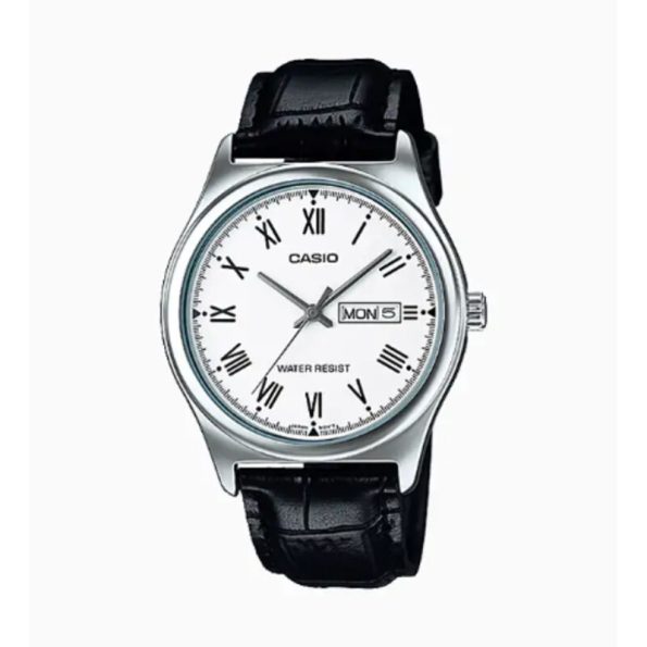 Casio MTP-V006L-7B Men's Analog Watch with White Dial, Black Numerals, and Leather Strap.