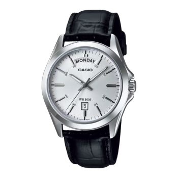 Casio MTP-1370L-7A Men's Analog Watch with White Dial, Leather Strap, and Day-Date Display.