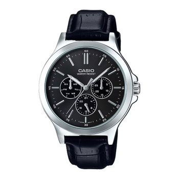 Casio MTP-V300L-1A Men's Multi-Function Watch with Black Dial, Silver Hands, and Leather Strap.