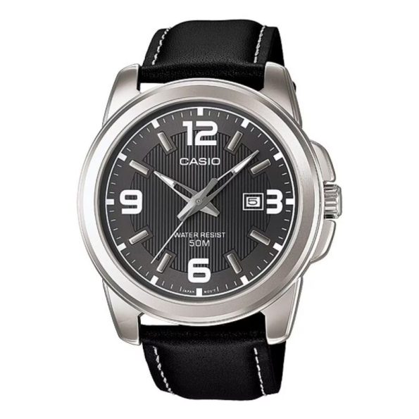 Casio MTP-1314L-8A Men's Analog Watch with Gray Dial, Leather Strap, and Date Display.