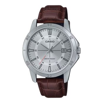 Casio MTP-V004L-7C Men's Analog Watch with White Dial, Black Numerals, and Leather Strap.