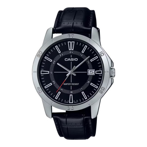 Casio MTP-V005L-1B Men's Analog Watch with Black Dial, Silver Hands, and Genuine Leather Strap.