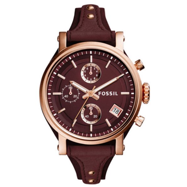 Fossil ES4114 Women's Chronograph Watch with Burgundy Dial and Red Leather Strap.