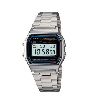 Casio A158WA digital watch with a classic stainless steel band, LCD display, LED backlight, stopwatch, and alarm functions, perfect for daily wear.