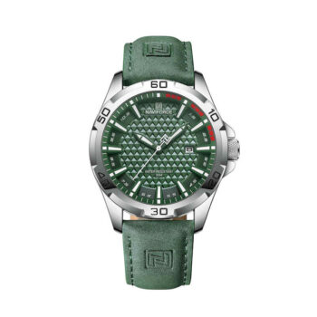 Naviforce NF8023 men's watch with a green leather strap and durable alloy case.