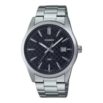 Casio MTP-VD03D-1A men's analog watch with black dial and stainless steel bracelet.