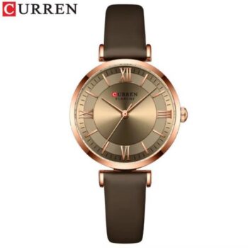 CURREN 9079 men’s watch with a minimalist black dial and brown leather strap.
