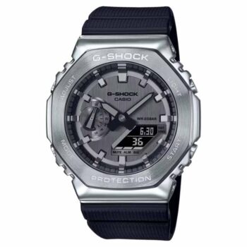 Casio G-Shock GM-2100-1A with stainless steel bezel and black resin band.